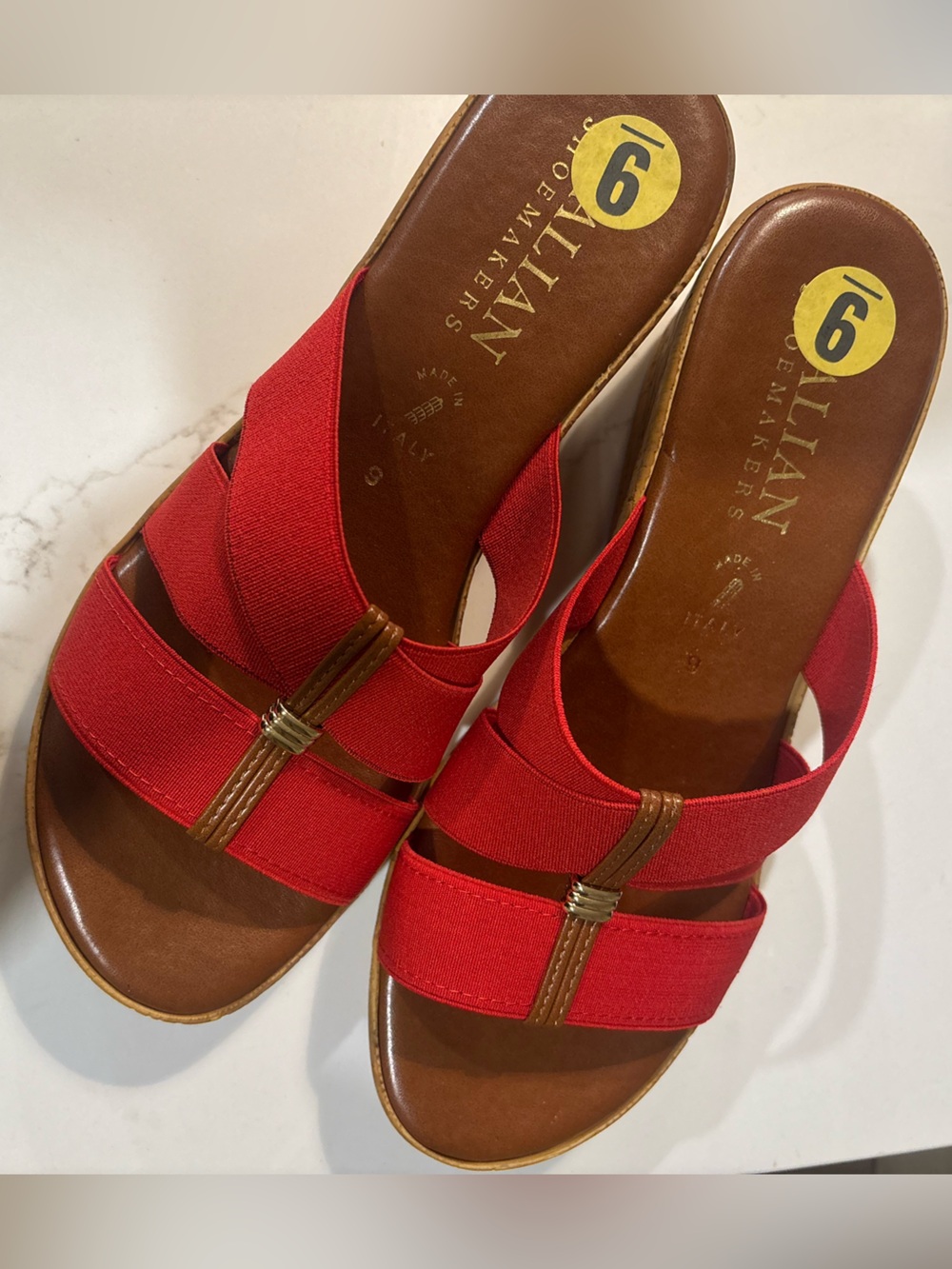 Italian Shoemakers Red Elastic Crossover Slide Mules
